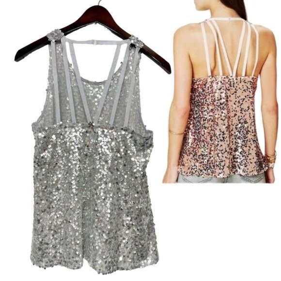 Free People Intimately Silver Sequin Strappy Tank Top Size XS - Picture 12 of 12